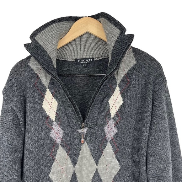 Vintage Sweater Pronti Argyle Gray High Neck‎ 1/4 Zip Men’s 3X - Picture 6 of 10